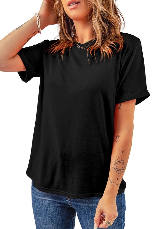 Soft Stretch Solid Crew Neck Rolled Cuff Relaxed Tee